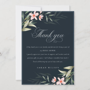 Carte De Remerciements Fête des mariées florale de la marine noire