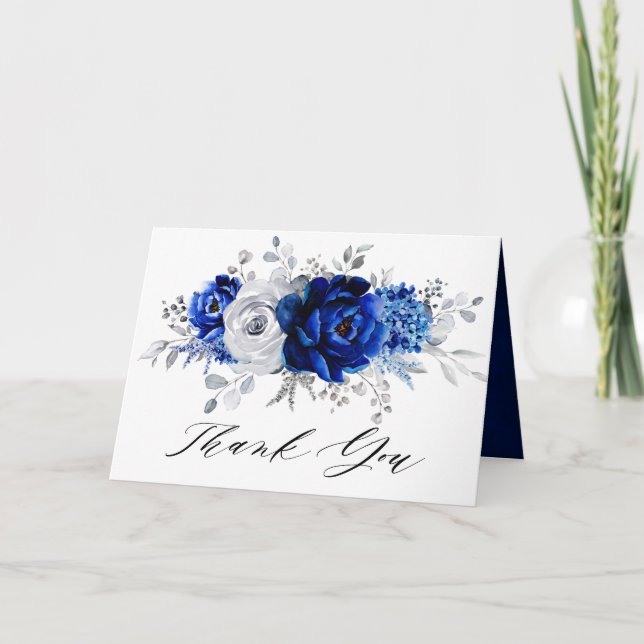 Carte De Remerciements Fête des mariées florale Royal Blue White Silver (Devant)