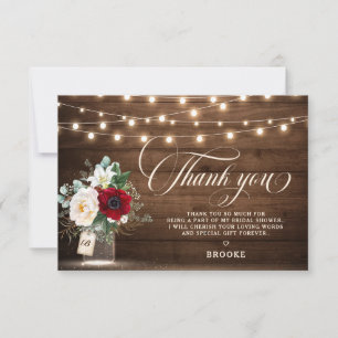 Carte De Remerciements Fête des mariées florale rustique Burgundy Mason J