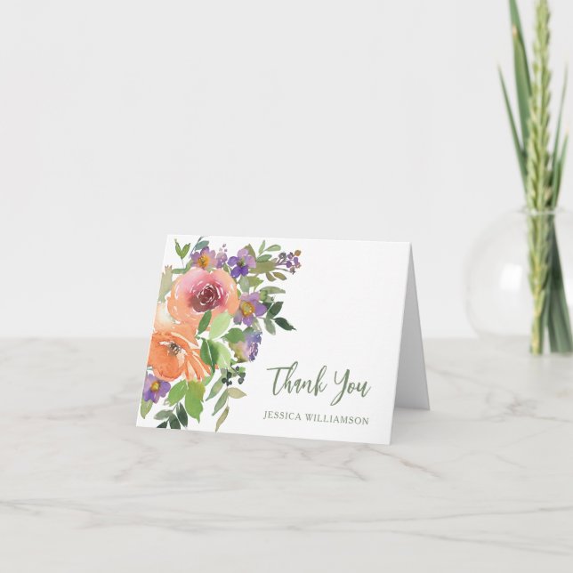 Carte De Remerciements Fête des mariées Florale violet orange pliée (Devant)