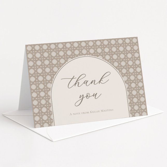 Carte De Remerciements Fête des mariées moderne Boho Tan Rattan Cane (Neutral tones cane weave rattan thank you card with modern arch)