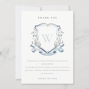 Carte De Remerciements Fête des mariées Monogram Crest Fleur sauvage bleu