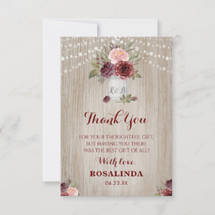 Carte De Remerciements Fête des mariées rustique Rouge Floral Arrière - p