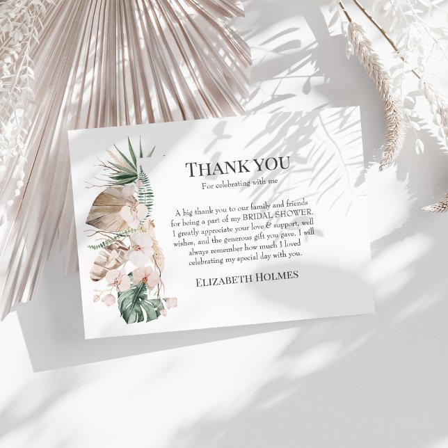 Carte De Remerciements Fête des mariées Tropical Orchid & Monstera (Tropical Orchid & Monstera Bridal Shower Thank You Card on a sunny white table with dry botanicals.)