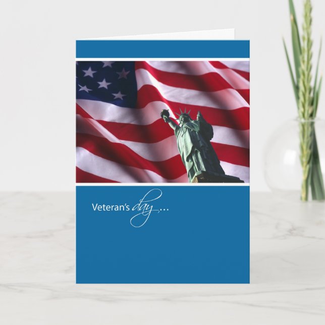 Carte De Remerciements Fête des vétérans, Statue de la Liberté et Drapeau (Devant)
