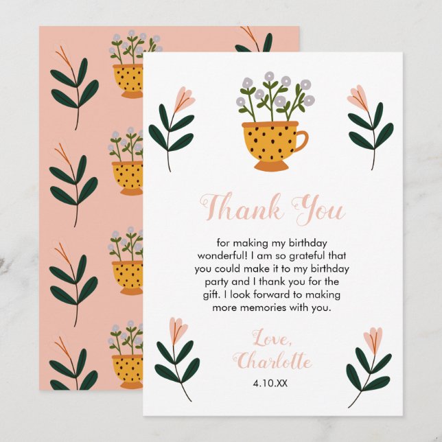 Carte De Remerciements Fête du thé moderne Fleur Anniversaire (Devant / Derrière)