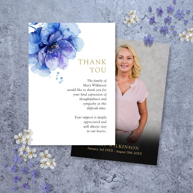Carte De Remerciements Fête Florale Bleue De La Vie Funéraire Photo (Blue Floral Celebration Of Life Funeral Photo Thank You Card)