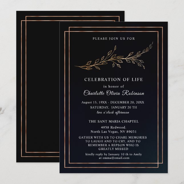 Carte De Remerciements Fête Florale Noire et Or de l'Invitation de vie (Devant / Derrière)