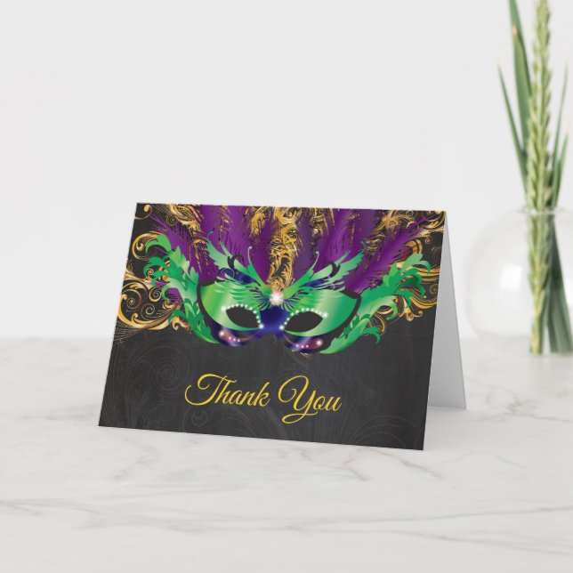 Carte De Remerciements Fête Mascarade Magique Nuit Verte Purple Or (Devant)