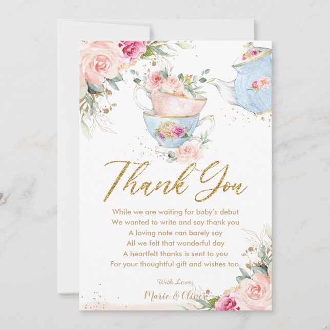 Carte De Remerciements Fête Prénatale Anniversaire Fleurs Rose Rougissant (Devant)