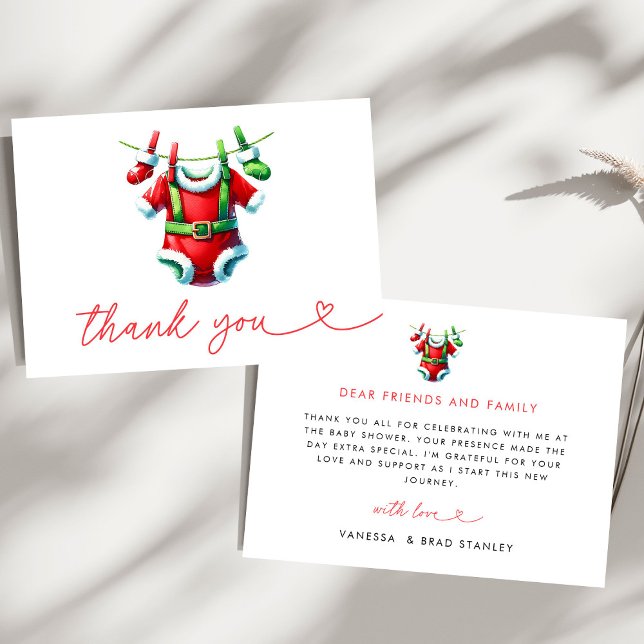 Carte De Remerciements Fête Prénatale Bébé Père Noël Moderne Rouge Holly  (Créateur téléchargé)