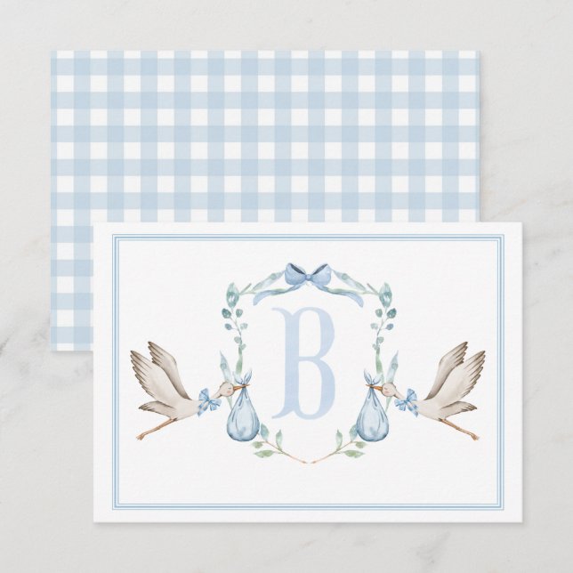 Carte De Remerciements Fête Prénatale Preppy Southern Blue Garçon Stork (Devant / Derrière)