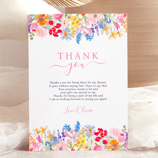 Carte De Remerciements Fête prénuptiale moderne avec fleurs sauvages de j (Modern garden wildflowers script bridal shower thank you card)