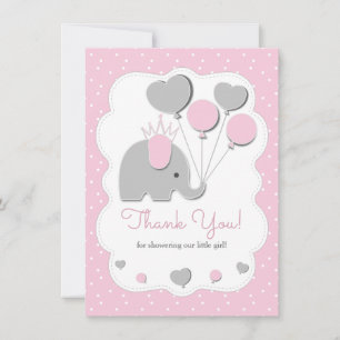 Carte De Remerciements Fête rose Eléphant Baby shower fille