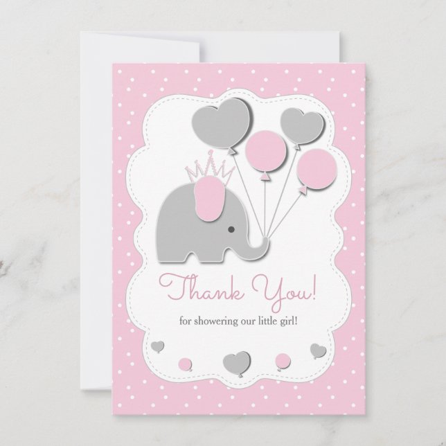 Carte De Remerciements Fête rose Eléphant Baby shower fille (Devant)