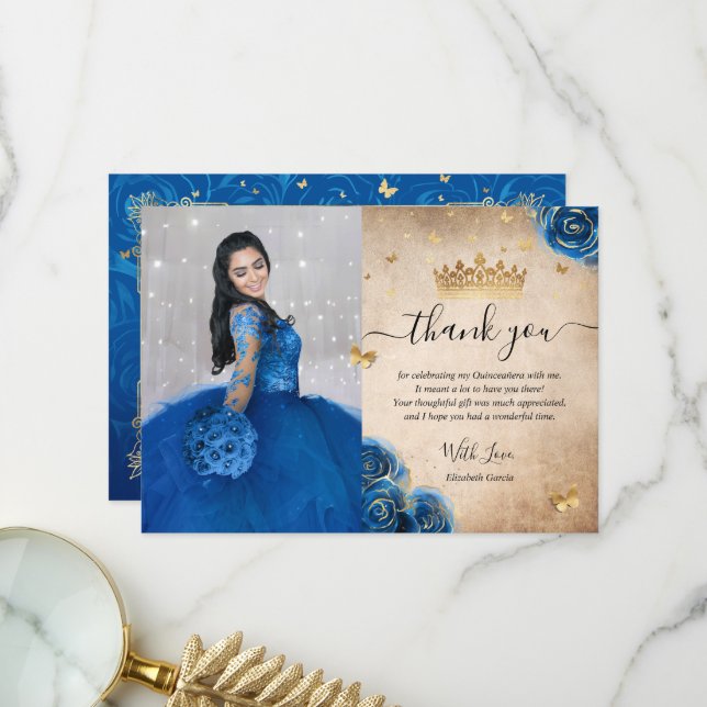 Carte De Remerciements Fêtes de quince ans en photo avec des roses bleues (Devant/Arrière en situation)