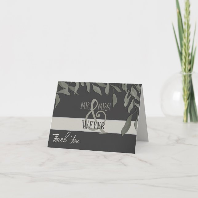 Carte De Remerciements Feuille simple Inspiritisme Élégant Mariage noir (Devant)