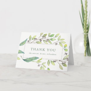 Carte De Remerciements Feuille Vert   Cadre de remerciement à l'aquarelle