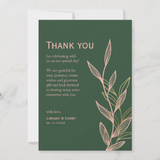 Carte de remerciements feuille verte et rose pour