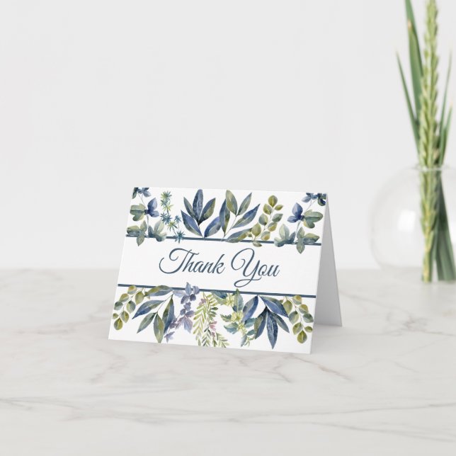 Carte De Remerciements Feuilles Bleu Indigo Bordure (Devant)