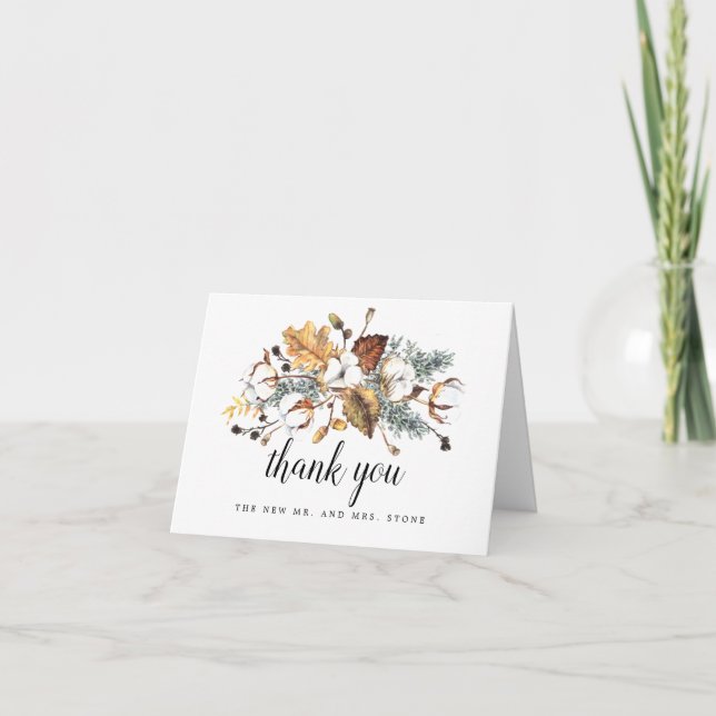 Carte De Remerciements Feuilles de automne florales blanches Photo Mariag (Devant)