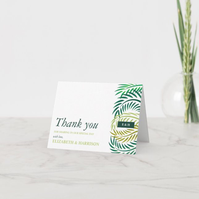 Carte De Remerciements Feuilles de palmiers tropicaux, Mariage de plage (Devant)