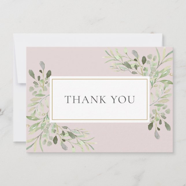 Carte De Remerciements Feuilles de peinture à l'aquarelle de verdure rose (Devant)