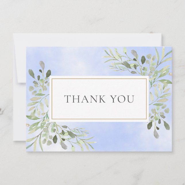 Carte De Remerciements Feuilles élégantes de verdure Aquarelle bleue Merc (Devant)