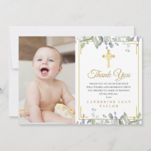 Carte De Remerciements Feuilles Florales Croix Dorée Baptême Christening 