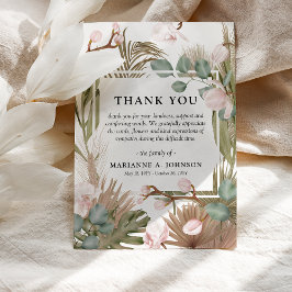 Carte De Remerciements Feuilles secs Boho, Pampas & Funérailles d'orchidé