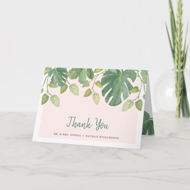 Carte De Remerciements Feuilles Tropicales | Remerciements Rose et Vert (Devant)