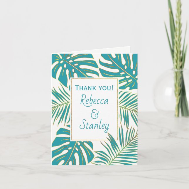 Carte De Remerciements Feuilles tropicales sarcelle mariage Remerciements (Devant)