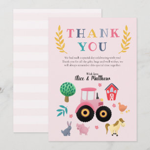 Carte De Remerciements Fille Animaux de la Ferme Tracteur Rose Anniversai