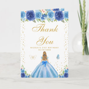 Carte De Remerciements Fille aux cheveux blonds floraux bleus pour annive