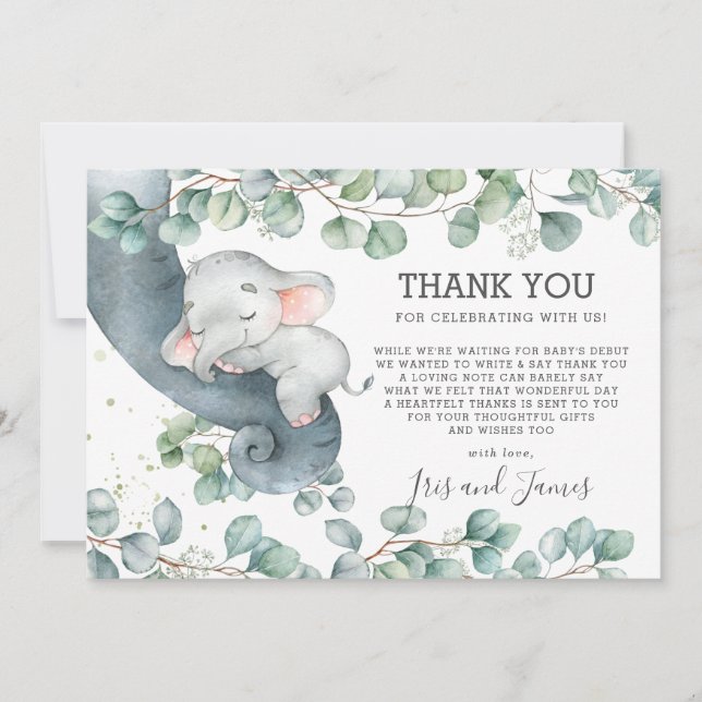 Carte De Remerciements Fille Baby shower d'éléphant rustique chic (Devant)