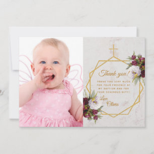 Carte De Remerciements Fille Baptême Gold Croix Marbre Peonies Papillon
