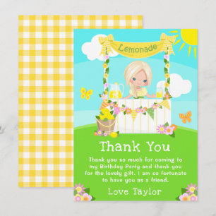Carte De Remerciements Fille blonde debout près d'un stand de limonade po