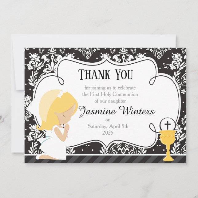 Carte De Remerciements Fille blonde Première communion Damas (Devant)