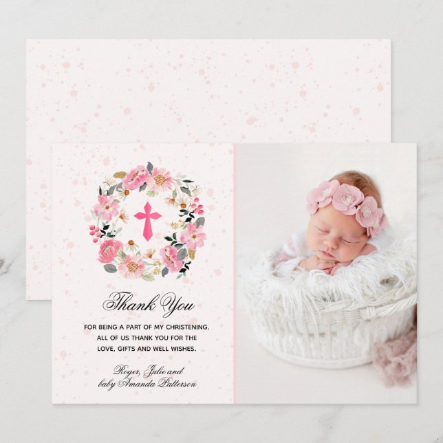 Carte De Remerciements Fille Christening Aquarelle rose Floral (Devant / Derrière)