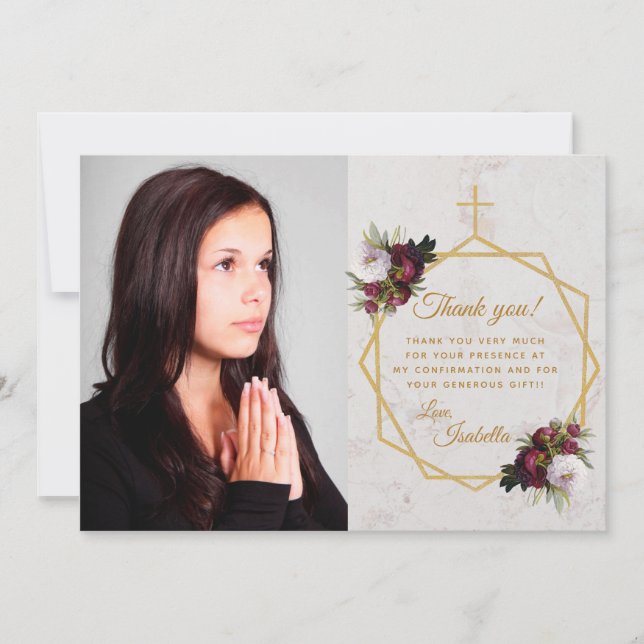 Carte De Remerciements Fille Confirmation Bourgogne Peony Gold Cross Marb (Devant)