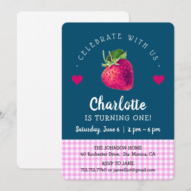 Carte De Remerciements Fille d'anniversaire fraise à carreaux bleus verts (Devant / Derrière)