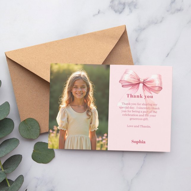 Carte De Remerciements Fille de photo rose d'anniversaire avec noeud (Créateur téléchargé)