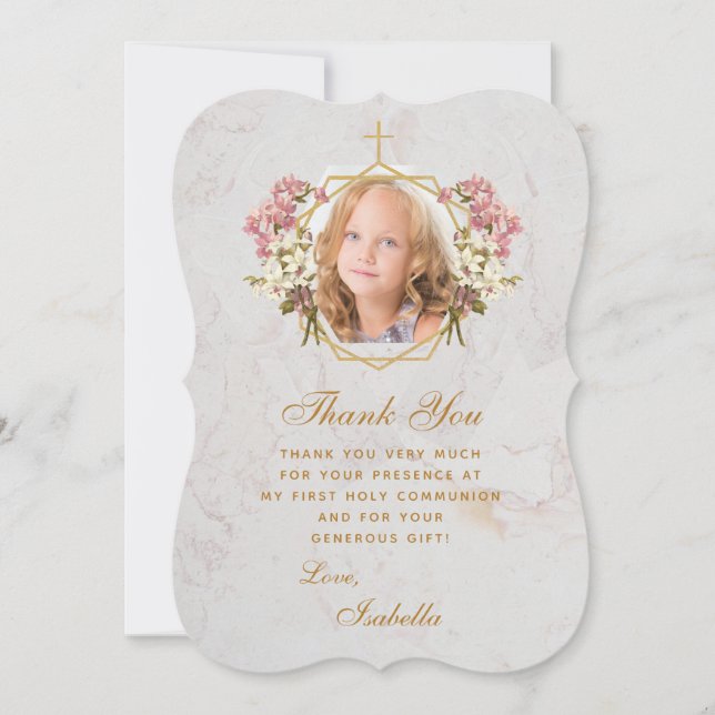 Carte De Remerciements Fille de première communion Photo Orchidées roses  (Devant)