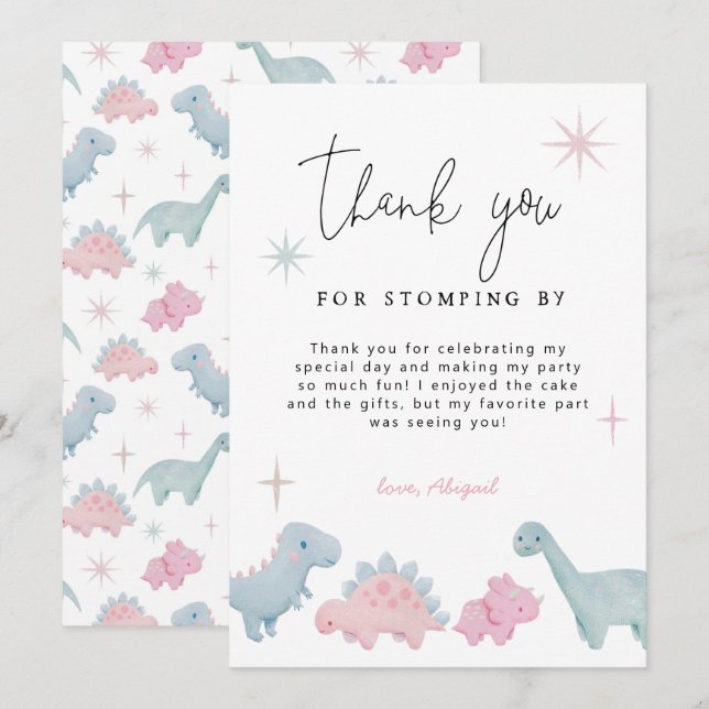 Carte De Remerciements Fille Dinosaur fête anniversaire (Devant / Derrière)
