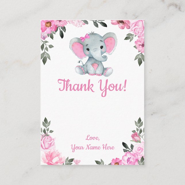 Carte de remerciements fille Eléphant Douche rose  (Dos)