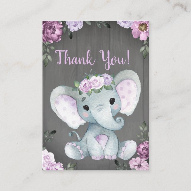 Carte de remerciements fille Eléphant Douche viole (Devant)