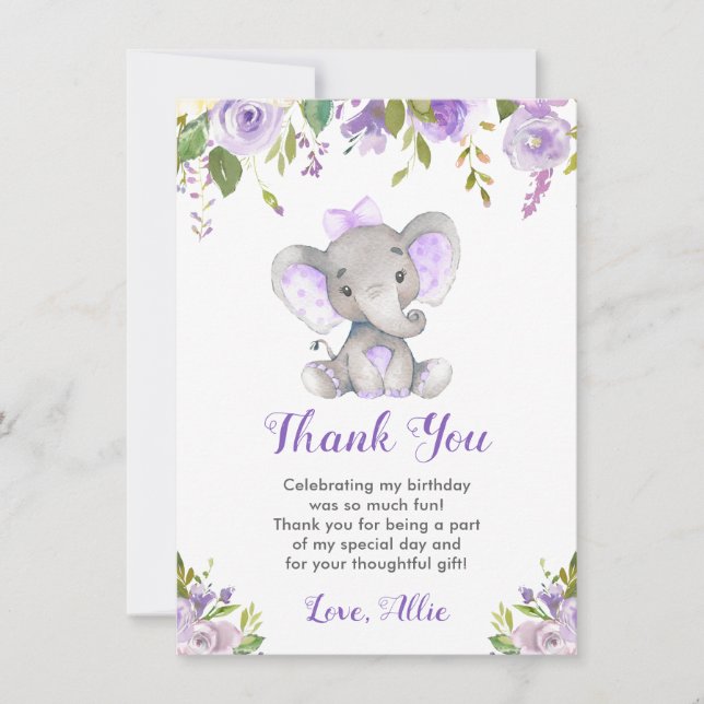 Carte De Remerciements Fille Eléphant Violet Fête d'anniversaire Petit Ar (Devant)