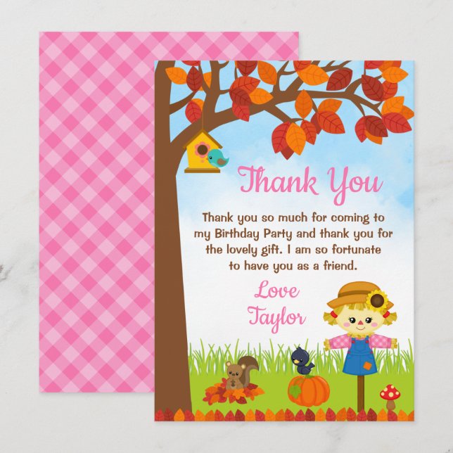 Carte De Remerciements Fille Épouvantail d'Automne Anniversaire (Devant / Derrière)