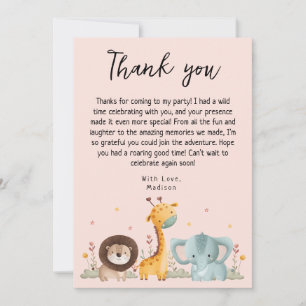 Carte De Remerciements Fille Fête Animaux sauvages Anniversaire