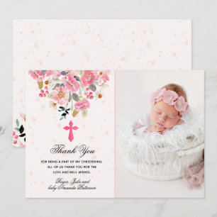 Carte De Remerciements Fille Photo Christening Aquarelle rose Floral
